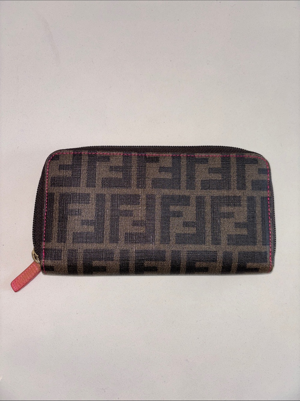 Fendi Zucca Logo Brown Pink Interior Zip Around Wallet